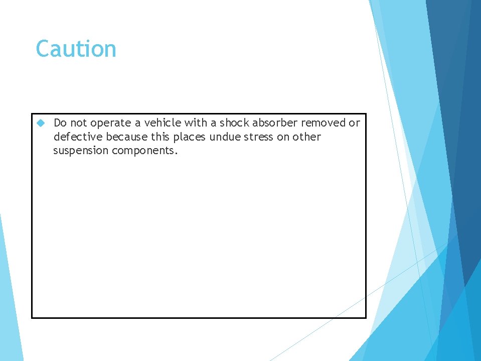 Caution Do not operate a vehicle with a shock absorber removed or defective because