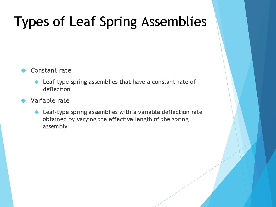 Types of Leaf Spring Assemblies Constant rate Leaf-type spring assemblies that have a constant