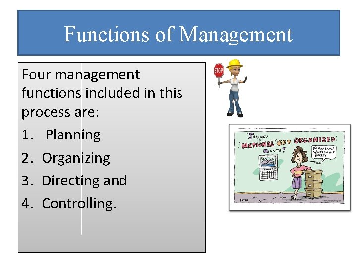 Functions of Management Four management functions included in this process are: 1. Planning 2.