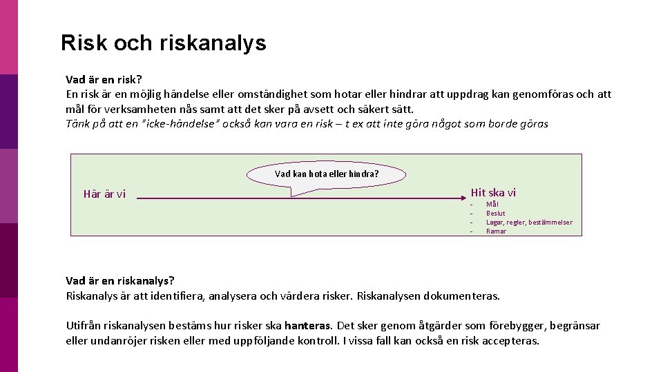 Risk och riskanalys Vad är en risk? En risk är en möjlig händelse eller