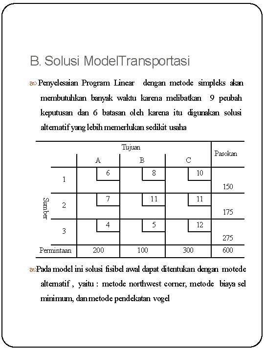 B. Solusi Model. Transportasi Penyelesaian Program Linear dengan metode simpleks akan membutuhkan banyak waktu