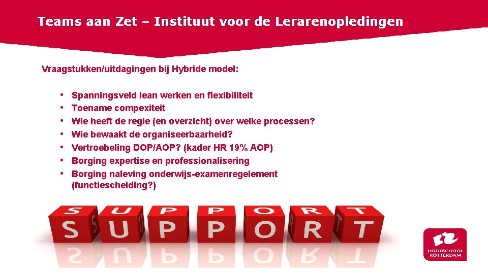 Teams aan Zet – Instituut voor de Lerarenopledingen Vraagstukken/uitdagingen bij Hybride model: • •