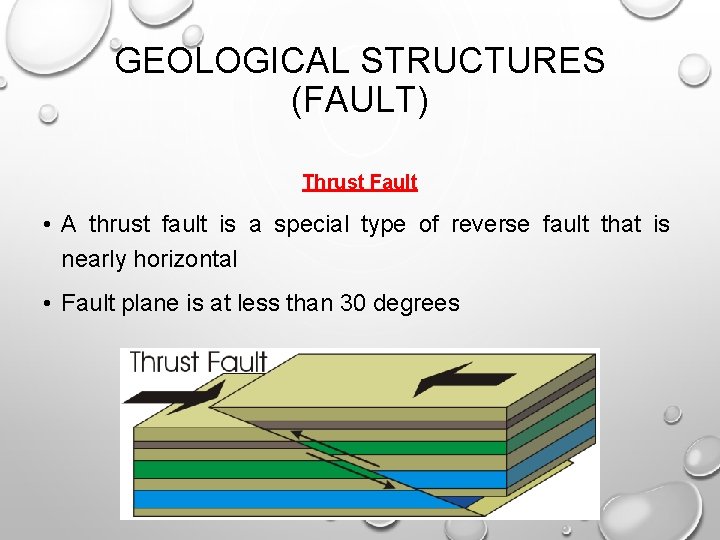 GEOLOGICAL STRUCTURES (FAULT) Thrust Fault • A thrust fault is a special type of GEOLOGICAL STRUCTURES (FAULT) Thrust Fault • A thrust fault is a special type of