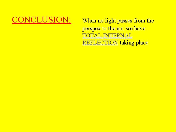 CONCLUSION: When no light passes from the perspex to the air, we have TOTAL CONCLUSION: When no light passes from the perspex to the air, we have TOTAL