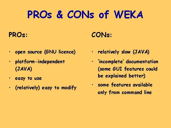 PROs & CONs of WEKA PROs: CONs: • open source (GNU licence) • relatively