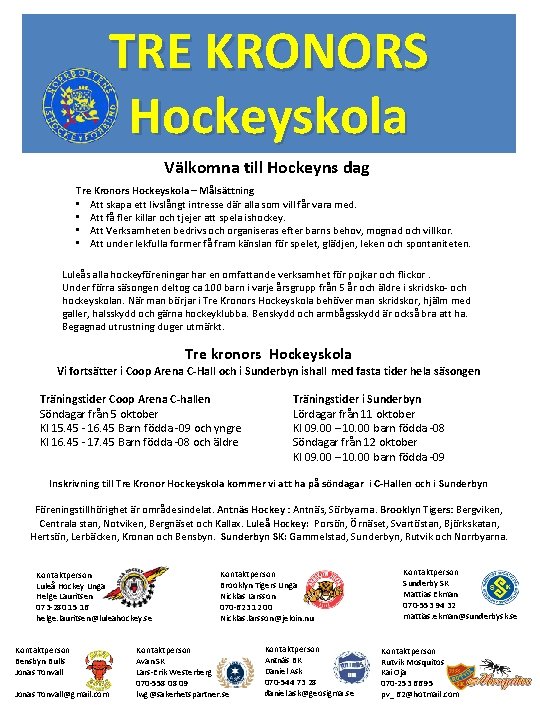 TRE KRONORS Hockeyskola Välkomna till Hockeyns dag Tre Kronors Hockeyskola – Målsättning • Att