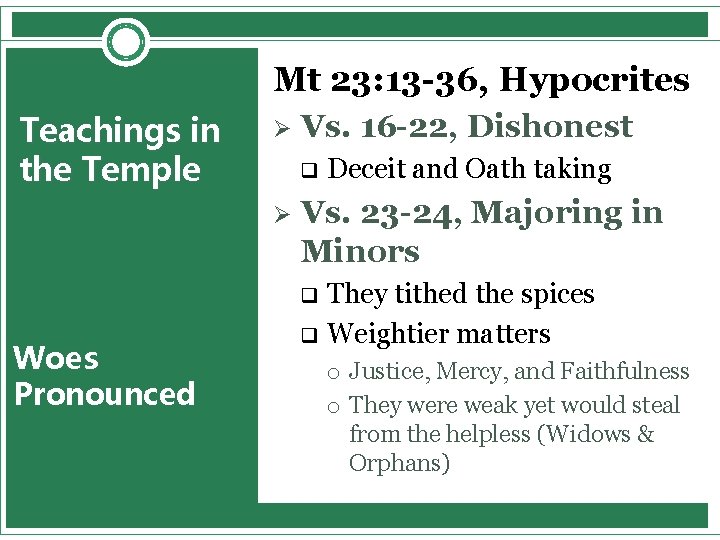 Mt 23: 13 -36, Hypocrites Teachings in the Temple Ø Vs. 16 -22, Dishonest