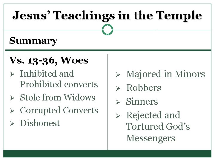 Jesus’ Teachings in the Temple Summary Vs. 13 -36, Woes Ø Ø Inhibited and