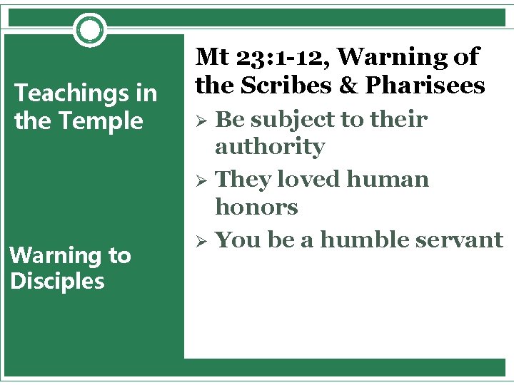 Teachings in the Temple Warning to Disciples Mt 23: 1 -12, Warning of the