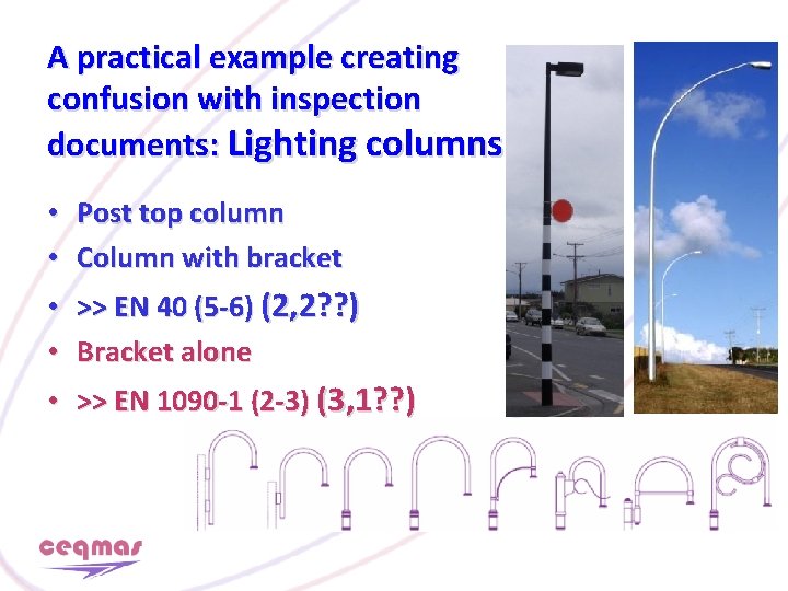 A practical example creating confusion with inspection documents: Lighting columns • • Post top