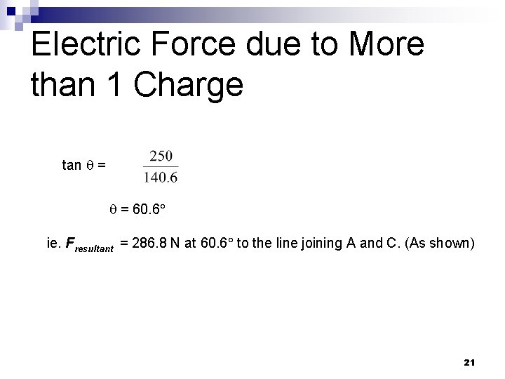 Electric Force due to More than 1 Charge tan q = 60. 6° ie.