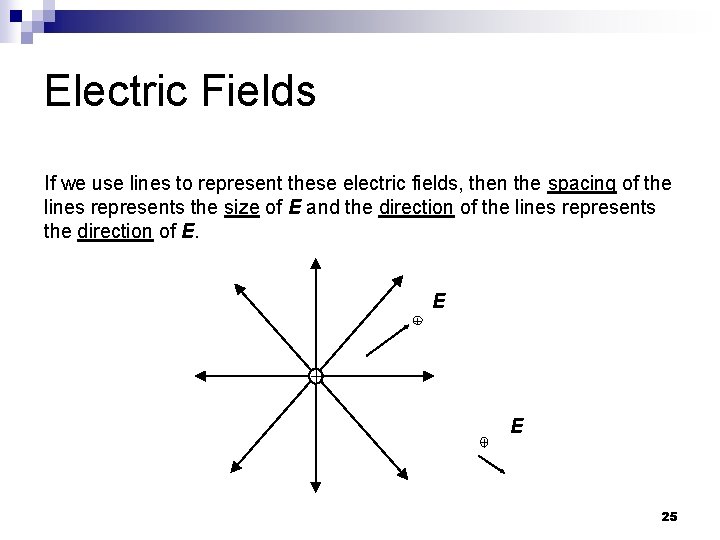 Electric Fields If we use lines to represent these electric fields, then the spacing