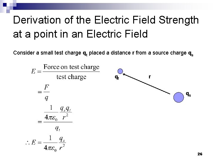 Derivation of the Electric Field Strength at a point in an Electric Field Consider