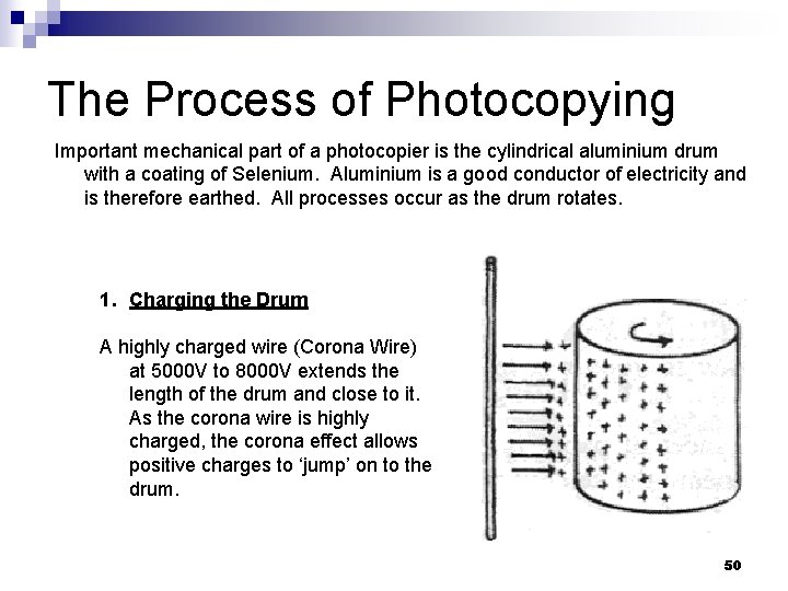 The Process of Photocopying Important mechanical part of a photocopier is the cylindrical aluminium