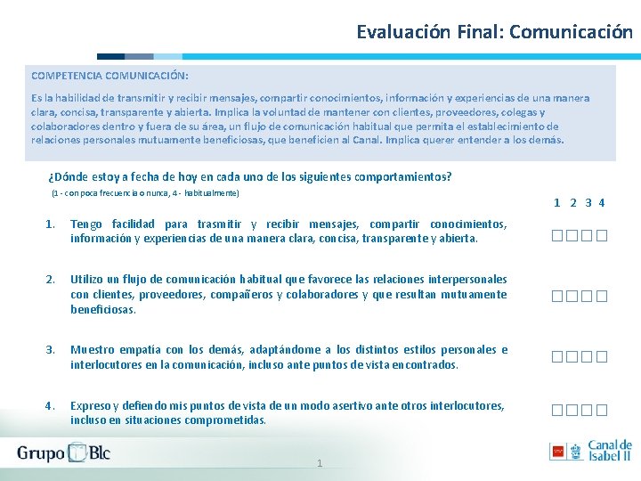 Evaluación Final: Comunicación COMPETENCIA COMUNICACIÓN: Es la habilidad de transmitir y recibir mensajes, compartir