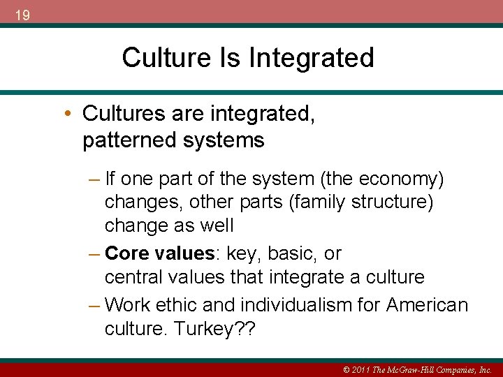 19 Culture Is Integrated • Cultures are integrated, patterned systems – If one part