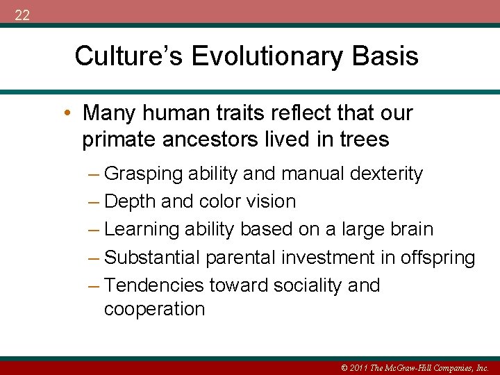 22 Culture’s Evolutionary Basis • Many human traits reflect that our primate ancestors lived