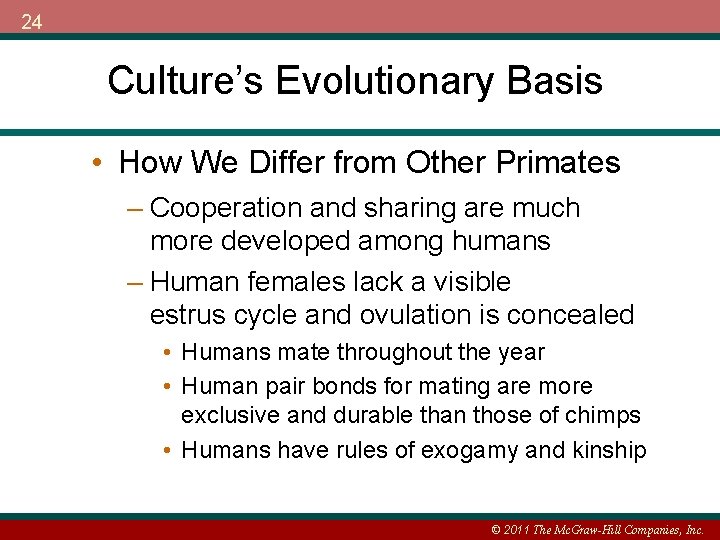 24 Culture’s Evolutionary Basis • How We Differ from Other Primates – Cooperation and