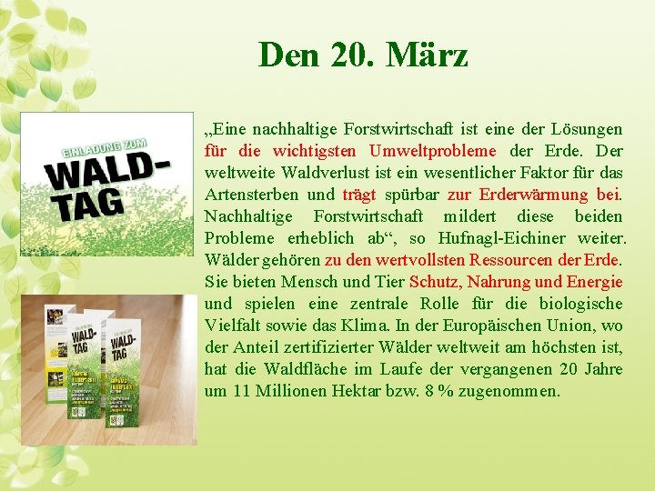 Den 20. März „Eine nachhaltige Forstwirtschaft ist eine der Lösungen für die wichtigsten Umweltprobleme