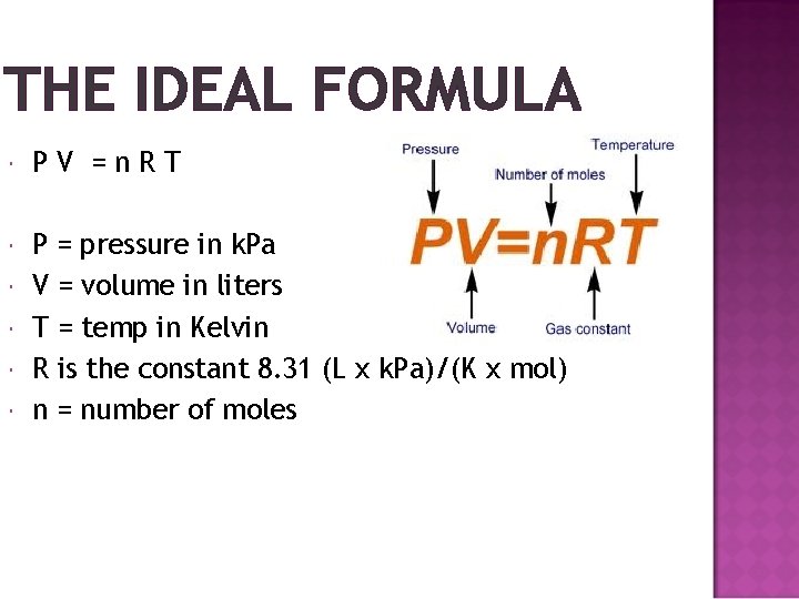 THE IDEAL FORMULA PV =n. RT P = pressure in k. Pa V =