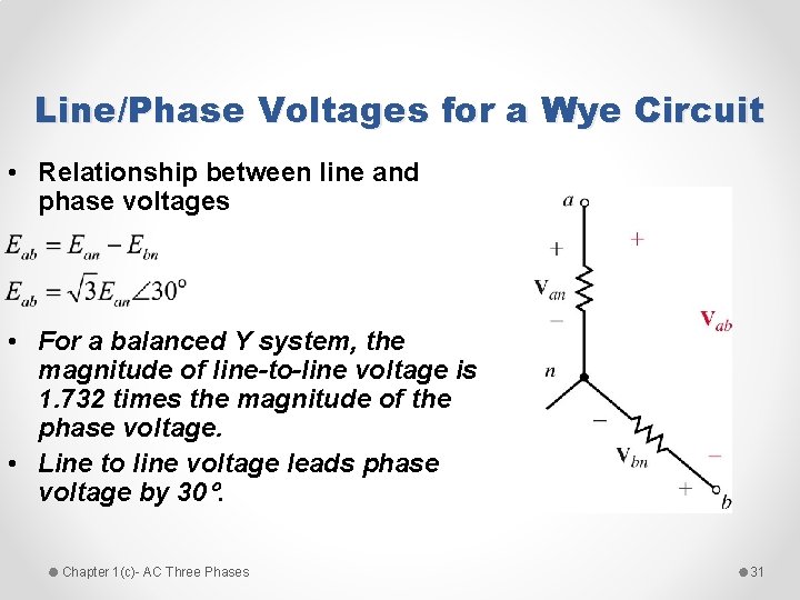 Line/Phase Voltages for a Wye Circuit • Relationship between line and phase voltages •