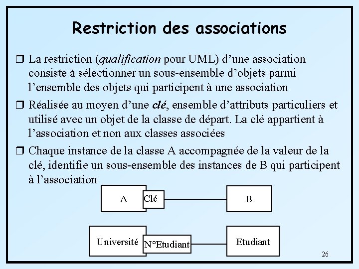 Restriction des associations r La restriction (qualification pour UML) d’une association consiste à sélectionner