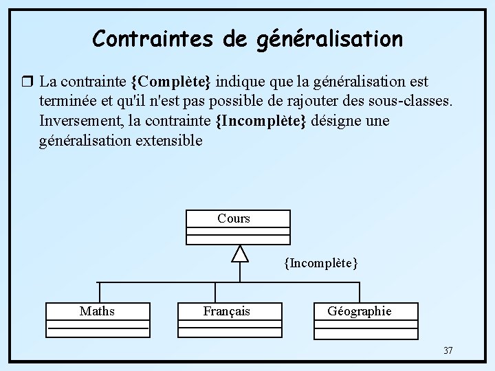 Contraintes de généralisation r La contrainte {Complète} indique la généralisation est terminée et qu'il