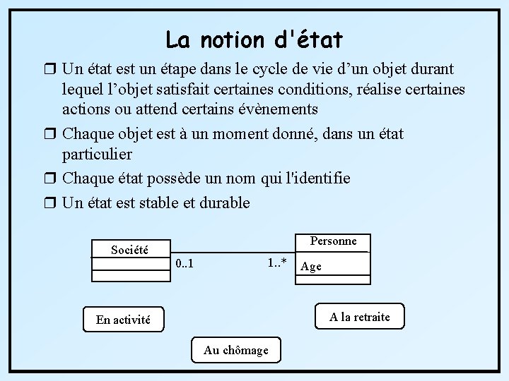 La notion d'état r Un état est un étape dans le cycle de vie