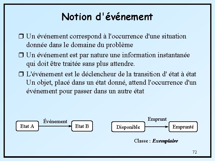 Notion d'événement r Un événement correspond à l'occurrence d'une situation donnée dans le domaine