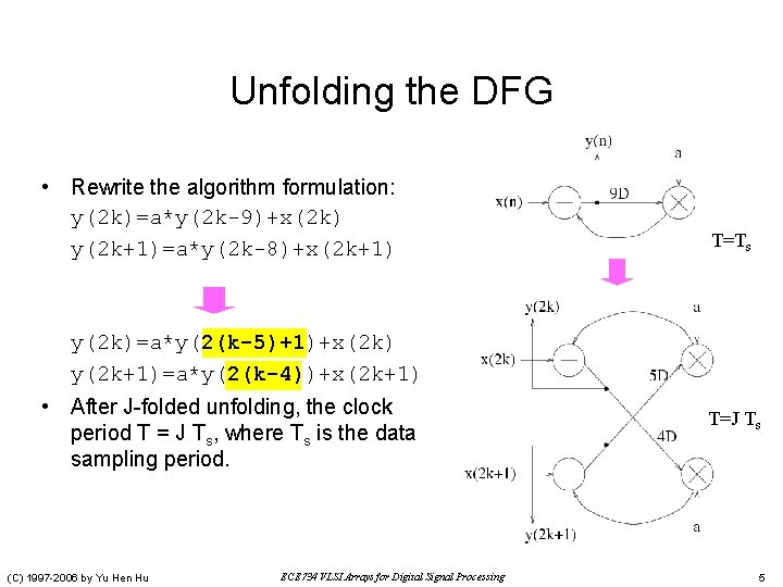 Unfolding the DFG • Rewrite the algorithm formulation: y(2 k)=a*y(2 k-9)+x(2 k) y(2 k+1)=a*y(2