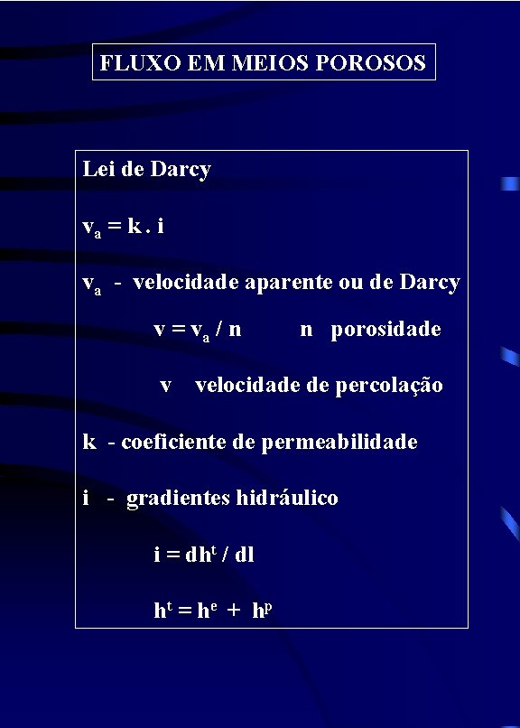 FLUXO EM MEIOS POROSOS Lei de Darcy va = k. i va - velocidade