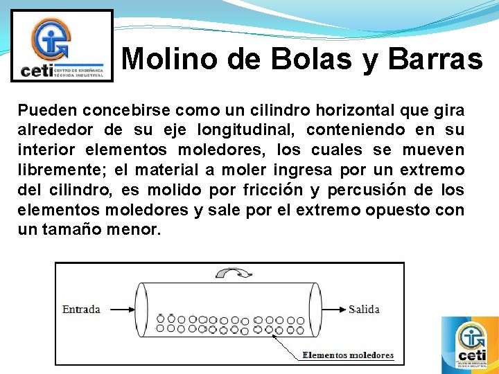 Molino de Bolas y Barras Pueden concebirse como un cilindro horizontal que gira alrededor Molino de Bolas y Barras Pueden concebirse como un cilindro horizontal que gira alrededor