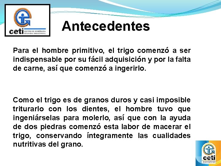 Antecedentes Para el hombre primitivo, el trigo comenzó a ser indispensable por su fácil Antecedentes Para el hombre primitivo, el trigo comenzó a ser indispensable por su fácil