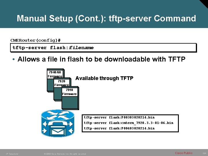 Manual Setup (Cont. ): tftp-server Command CMERouter(config)# tftp-server flash: filename • Allows a file
