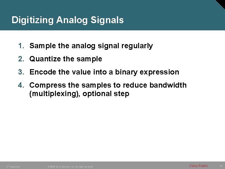 Digitizing Analog Signals 1. Sample the analog signal regularly 2. Quantize the sample 3.