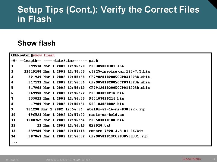 Setup Tips (Cont. ): Verify the Correct Files in Flash Show flash CMERouter#show flash