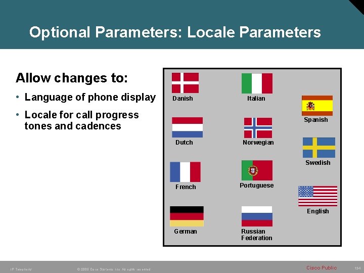 Optional Parameters: Locale Parameters Allow changes to: • Language of phone display Danish Italian