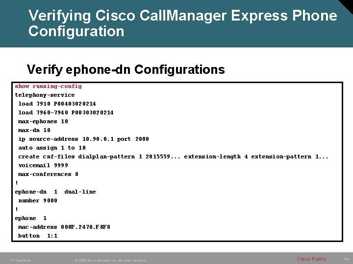 Verifying Cisco Call. Manager Express Phone Configuration Verify ephone-dn Configurations show running-config telephony-service load