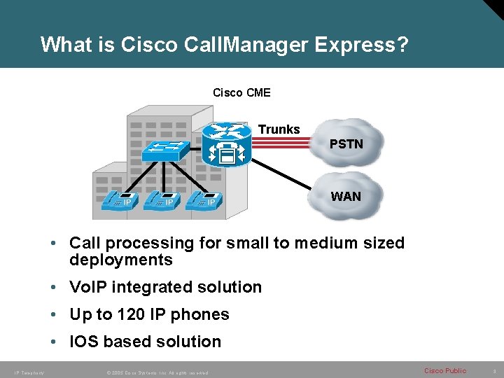 What is Cisco Call. Manager Express? Cisco CME Trunks PSTN WAN • Call processing