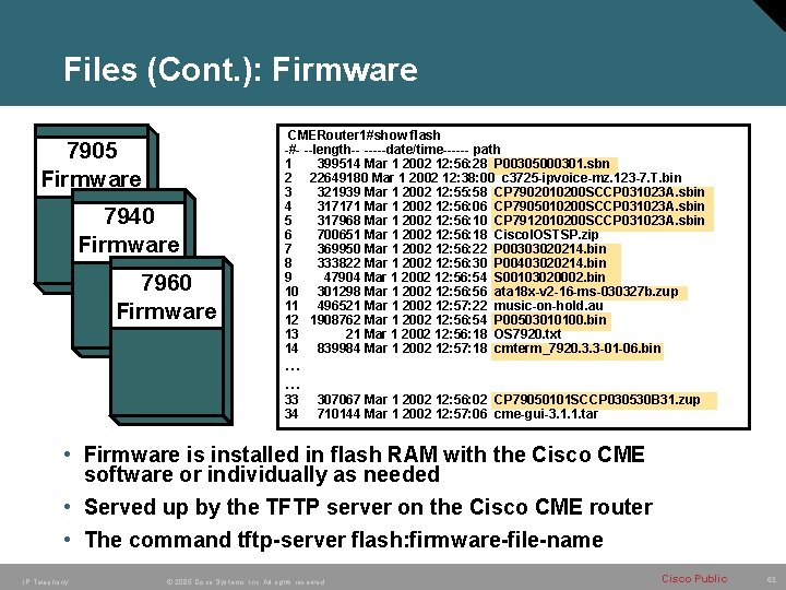 Files (Cont. ): Firmware 7905 Firmware 7940 Firmware 7960 Firmware CMERouter 1#show flash -#-