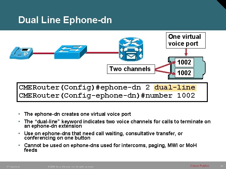 Dual Line Ephone-dn One virtual voice port Two channels 1002 CMERouter(Config)#ephone-dn 2 dual-line CMERouter(Config-ephone-dn)#number