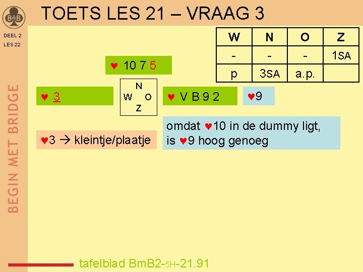 TOETS LES 21 – VRAAG 3 DEEL 2 LES 22 10 7 5 3