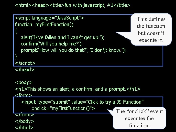 <html><head><title>fun with javascript, #1</title> <script language="Java. Script"> function my. First. Function() { alert(‘I've fallen