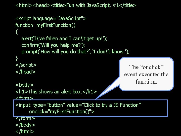 <html><head><title>Fun with Java. Script, #1</title> <script language="Java. Script"> function my. First. Function() { alert(‘I've