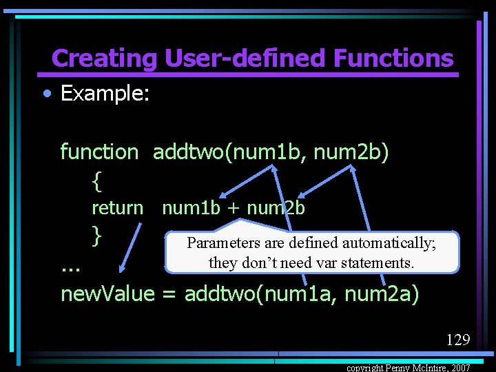 Creating User-defined Functions • Example: function addtwo(num 1 b, num 2 b) { return