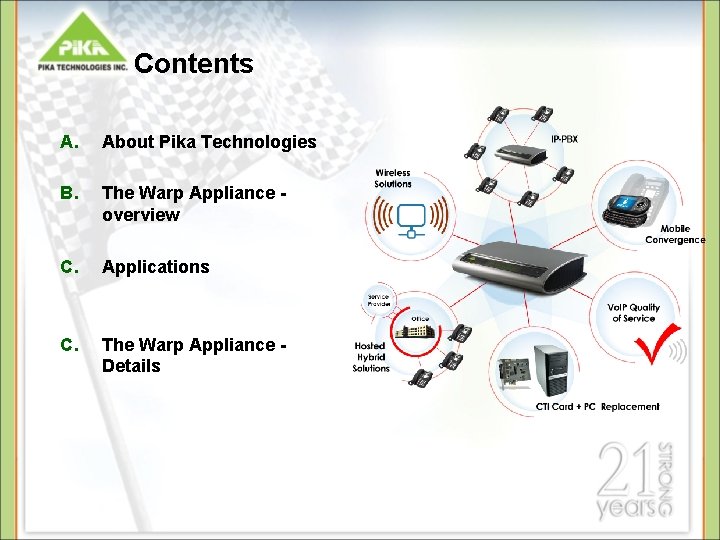 Contents A. About Pika Technologies B. The Warp Appliance overview C. Applications C. The Contents A. About Pika Technologies B. The Warp Appliance overview C. Applications C. The