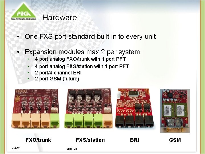 Hardware • One FXS port standard built in to every unit • Expansion modules Hardware • One FXS port standard built in to every unit • Expansion modules