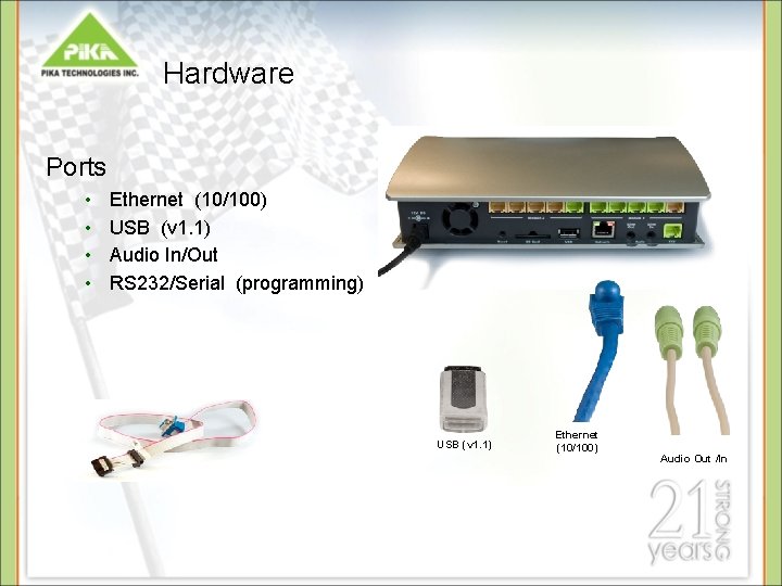 Hardware Ports • • Ethernet (10/100) USB (v 1. 1) Audio In/Out RS 232/Serial Hardware Ports • • Ethernet (10/100) USB (v 1. 1) Audio In/Out RS 232/Serial