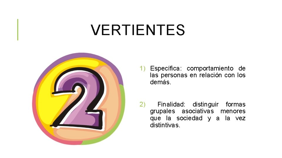 VERTIENTES 1) Específica: comportamiento de las personas en relación con los demás. 2) Finalidad: