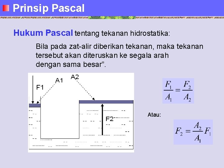 Prinsip Pascal Hukum Pascal tentang tekanan hidrostatika: Bila pada zat-alir diberikan tekanan, maka tekanan